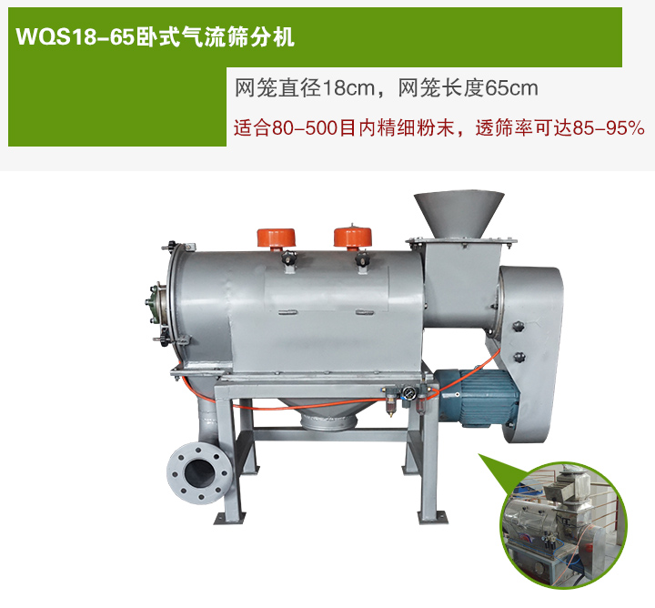 WQS18-65臥式氣流篩分機(jī)網(wǎng)籠直徑為18cm，網(wǎng)籠長度為65cm